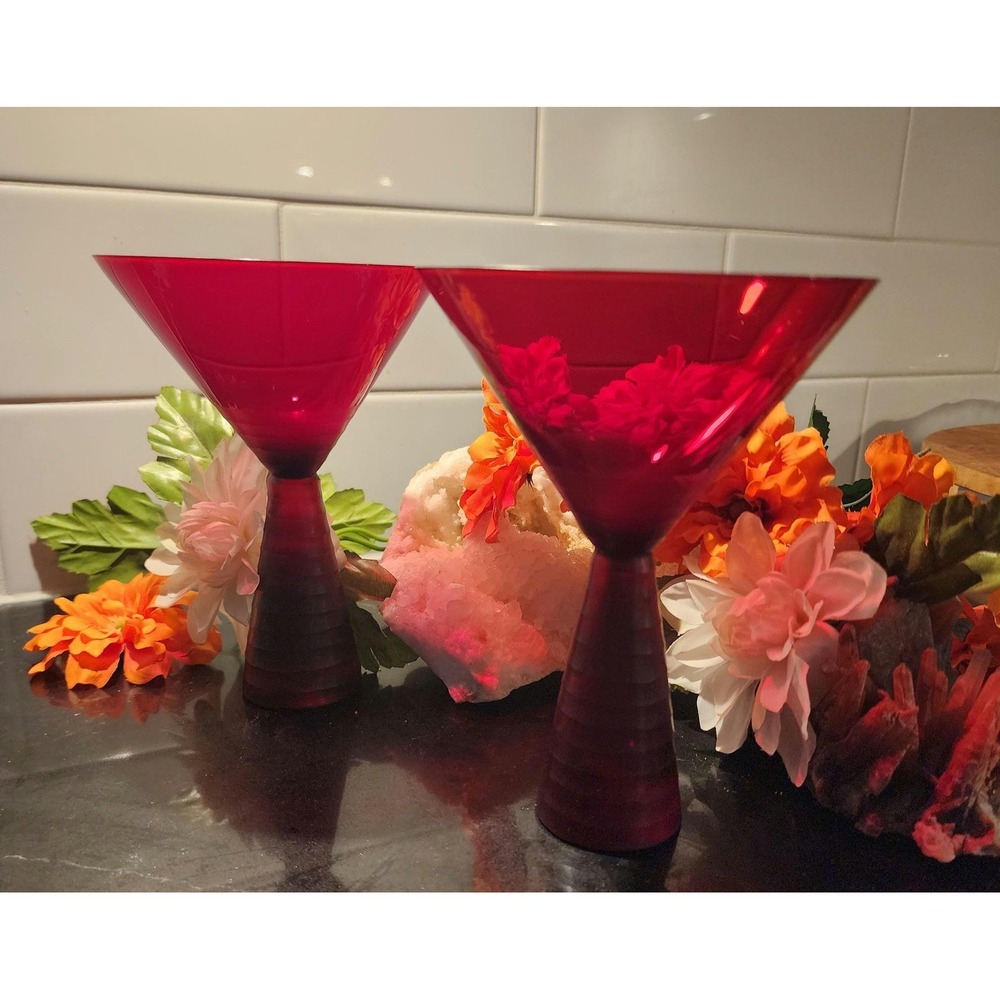 Vintage Mikasa Ruby Red Martini Glasses Set of 2 Ribbed Cone Stem Cranberry - Picture 6 of 6